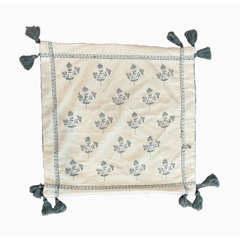 Better Homes & Gardens Green Block Print Floral Pillow Cover 20x20 Cotton Tassel